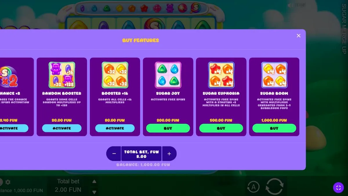 Tampilan visual slot Sugar Merge Up dengan tema permen dan mekanik cluster pays