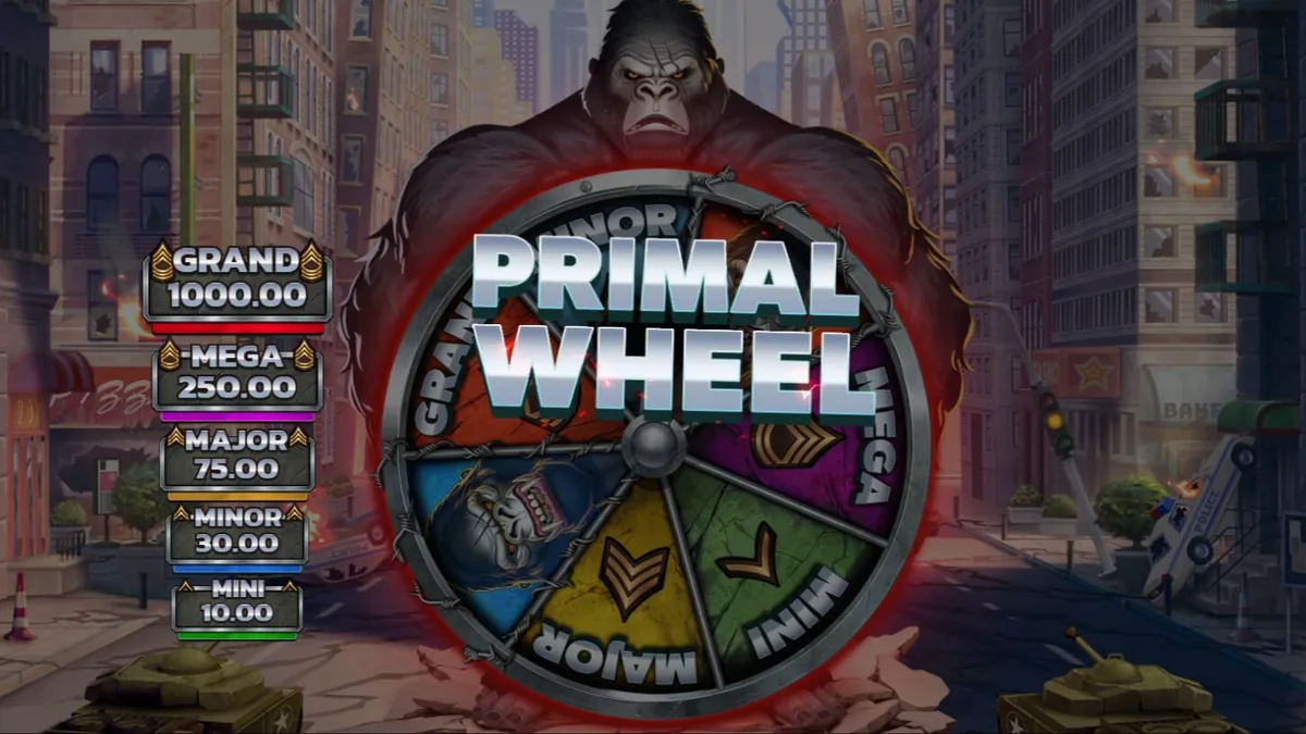 Tampilan visual slot Primal Rampage dengan latar belakang hutan dan kera raksasa.